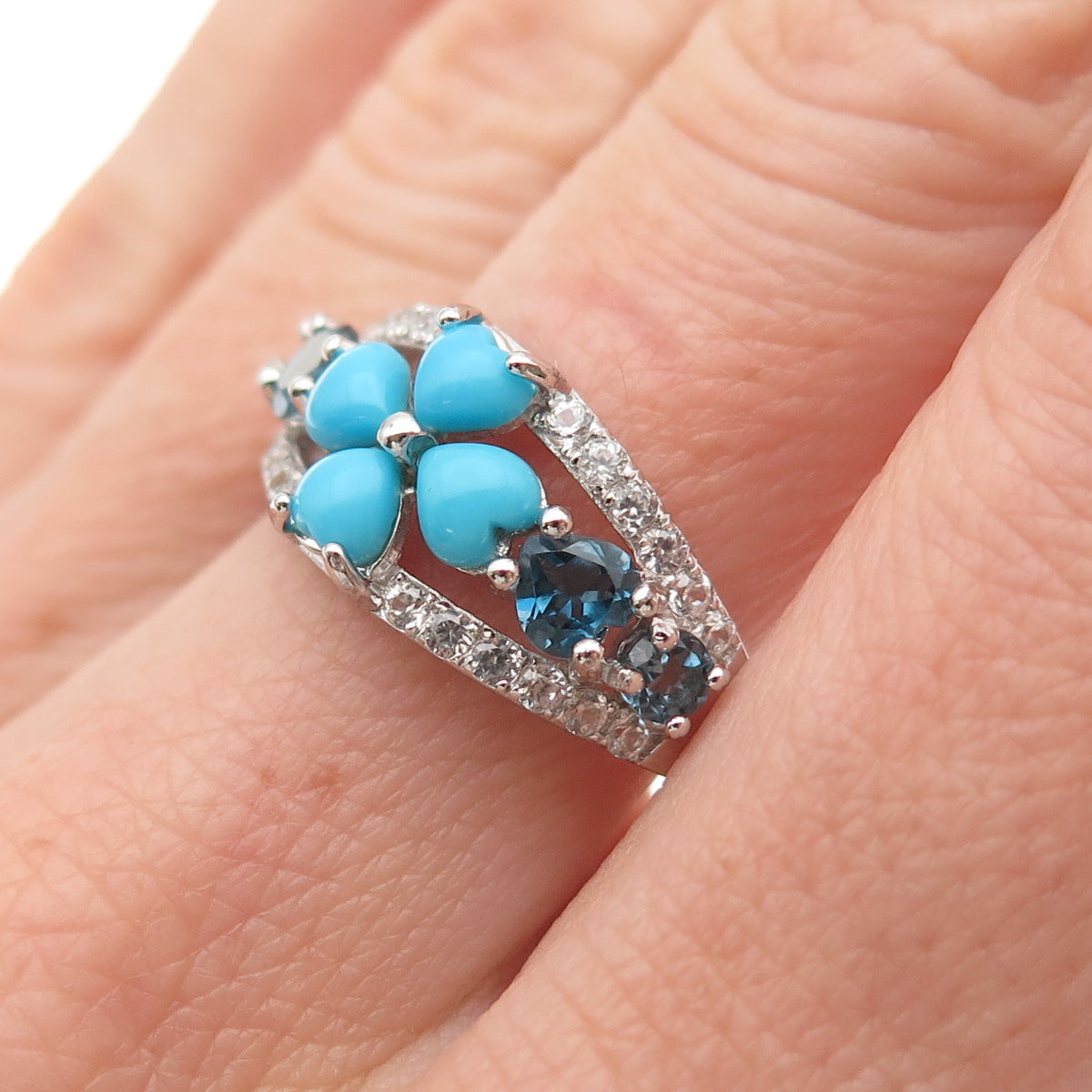 925 Sterling Silver Real Turquoise London Blue & White Topaz Ring Size 8.25