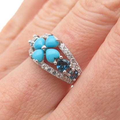 925 Sterling Silver Real Turquoise London Blue & White Topaz Ring Size 8.25