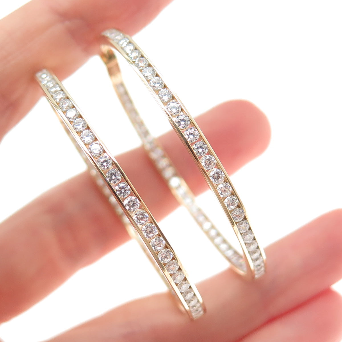 KLEO 925 Sterling Silver Gold Plated Round-Cut C Z In & Out Large Hoop Earrings