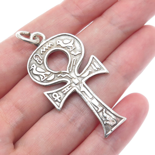 800 Silver Vintage Egyptian Ankh Symbols Oxidized Charm Pendant