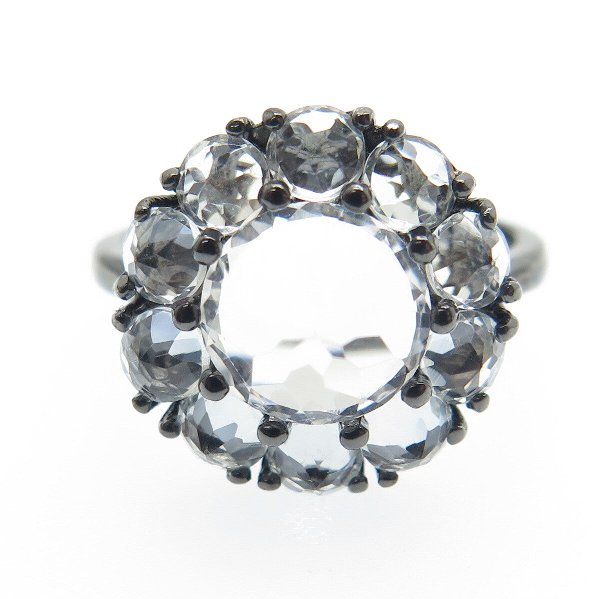 925 Sterling Silver Black Rhodium Real White Topaz Gem Cluster Ring Size 7.25