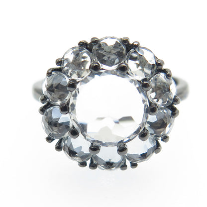 925 Sterling Silver Black Rhodium Real White Topaz Gem Cluster Ring Size 7.25