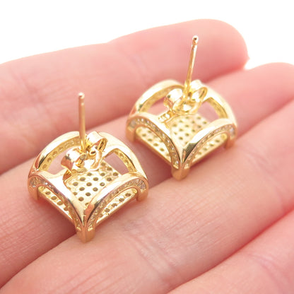 925 Sterling Silver Gold Plated Round-Cut C Z Arch Square Stud Earrings