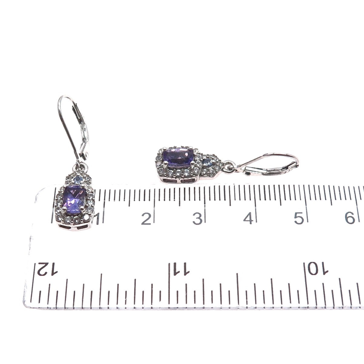 CHUCK CLEMENCY 925 Sterling Silver Real Amethyst & White Topaz Dangle Earrings