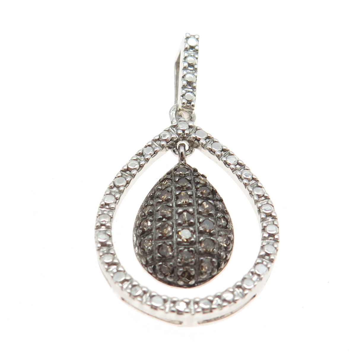 925 Sterling Silver Real Round-Cut Cognac Diamond Teardrop Pendant