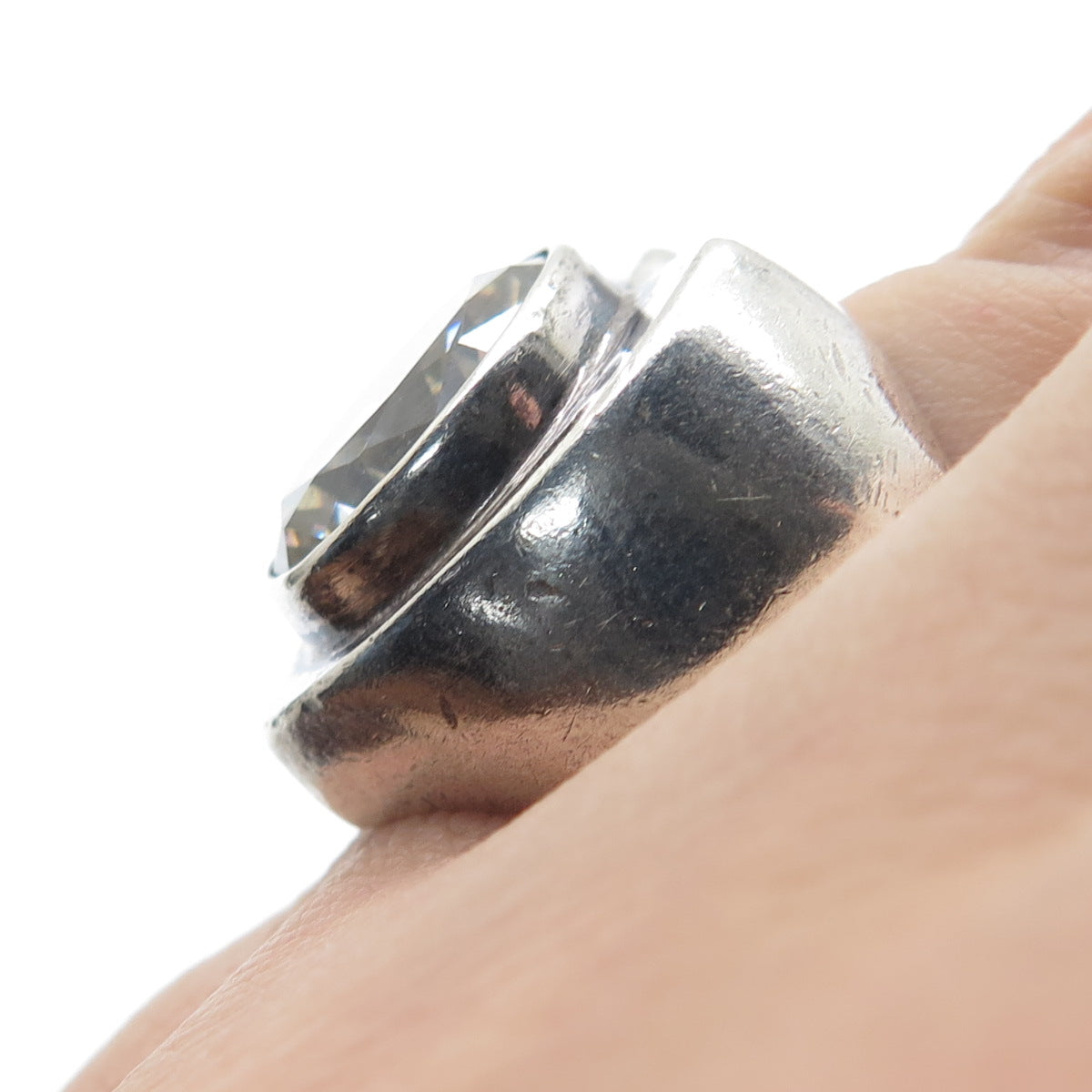 925 Sterling Silver Vintage Mexico Round-Cut C Z Modernist Heart Ring Size 6.5