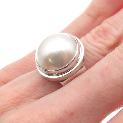 925 Sterling Silver Vintage Real Pearl Modernist Oxidized Ring Size 6.25