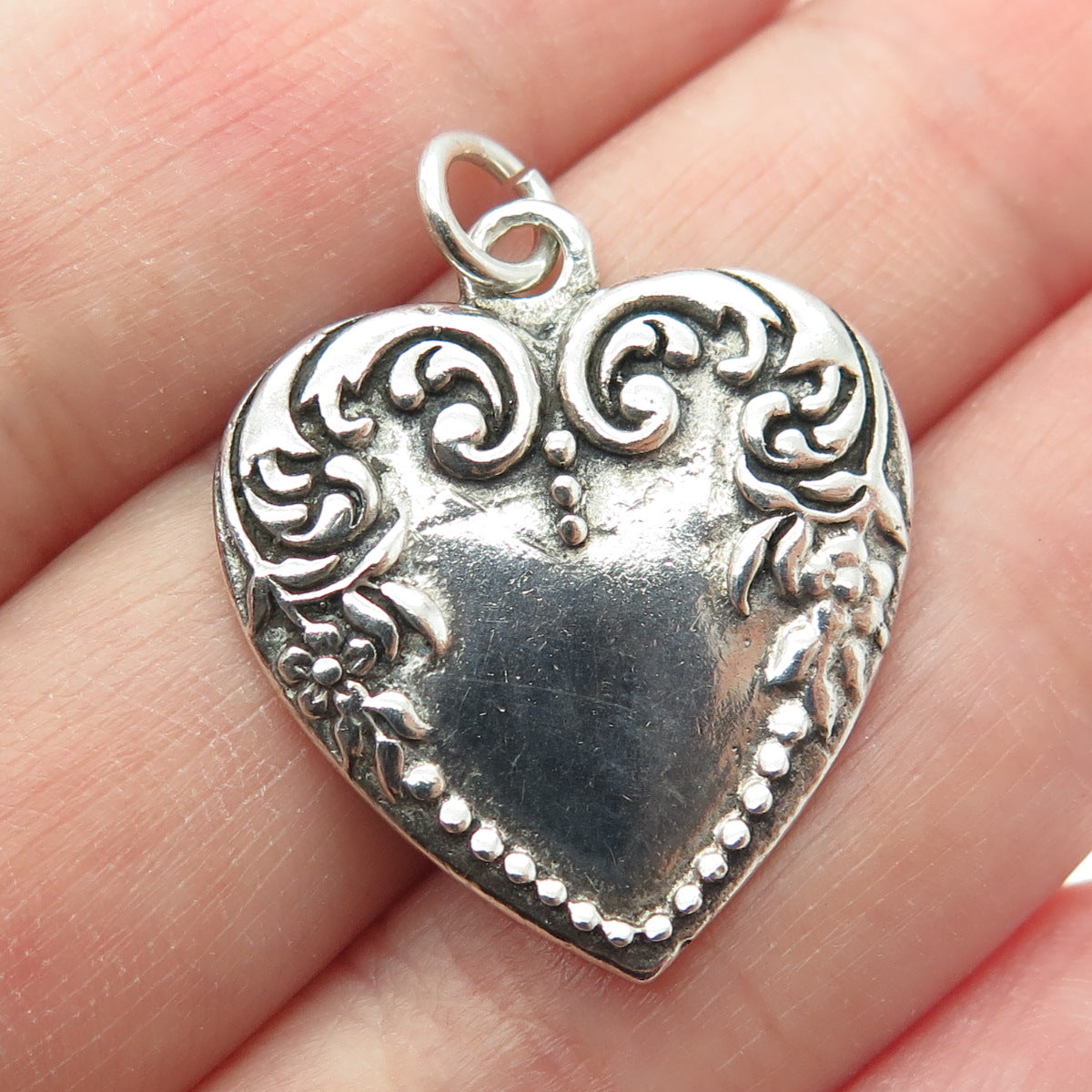 925 Sterling Silver Antique Art Deco Repousse Heart Oxidized Chatelaine Pendant