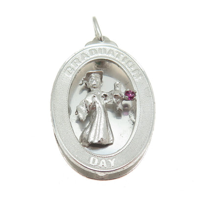 925 Sterling Silver Vintage Pink Rhinestone "Graduation Day" Student Pendant