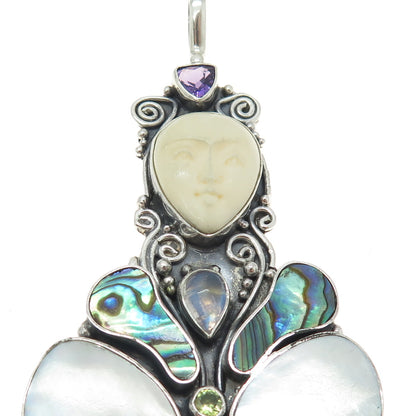 925 Sterling Silver Vintage Real Multi-Gem MOP & Abalone Shell Goddess Pendant