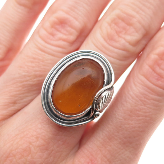925 Sterling Silver Vintage Real Amber Modernist Floral Oxidized Ring Size 6.5