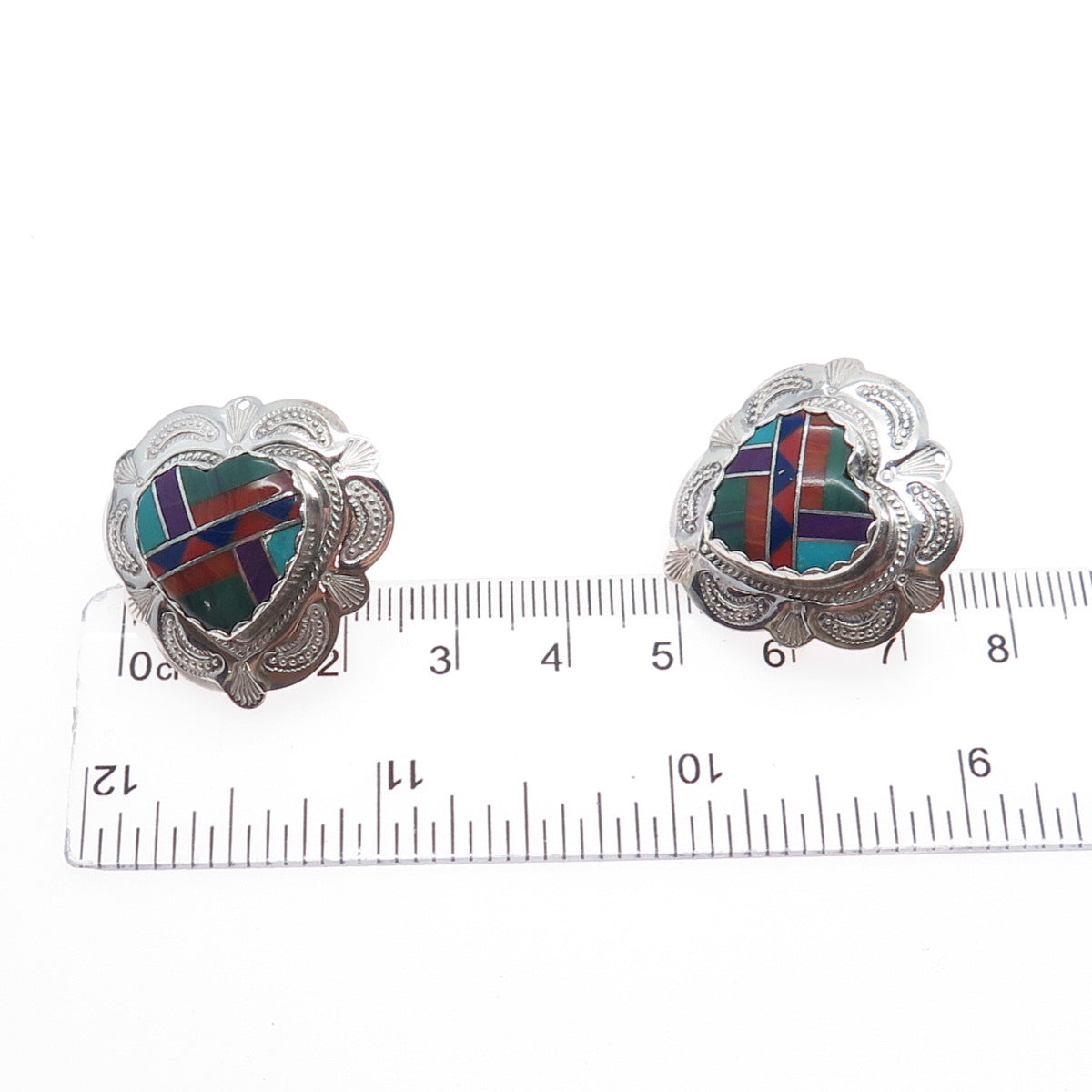 Old Pawn Sterling Silver Turquoise Coral Lapis Sugilite Malachite Heart Earrings