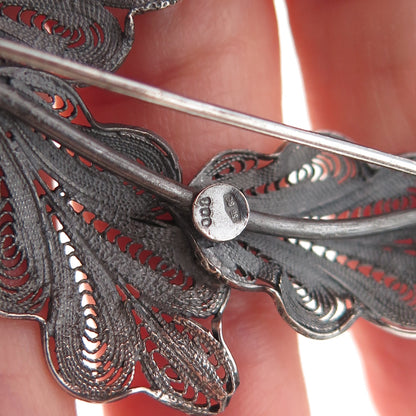 800 Silver Vintage Italy Floral Filigree Oxidized Pin Brooch