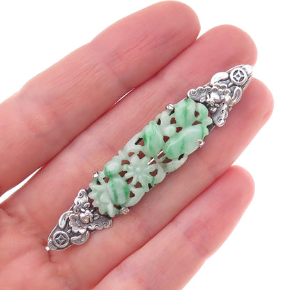 925 Sterling Silver Antique Chinese Real Carved Jade Floral Oxidized Pin Brooch