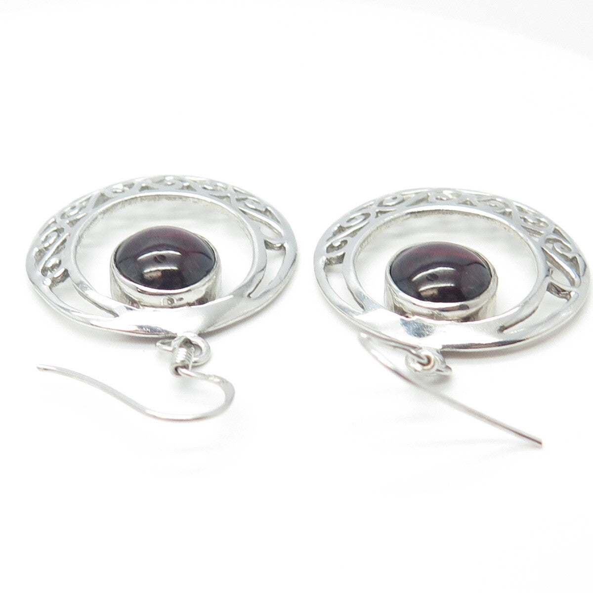 925 Sterling Silver Vintage Real Tourmaline Gemstone Ornate Hook Earrings