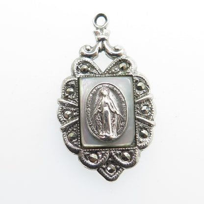 THEDA Sterling Silver Antique Real MOP & Marcasite St. Mary Religious Pendant