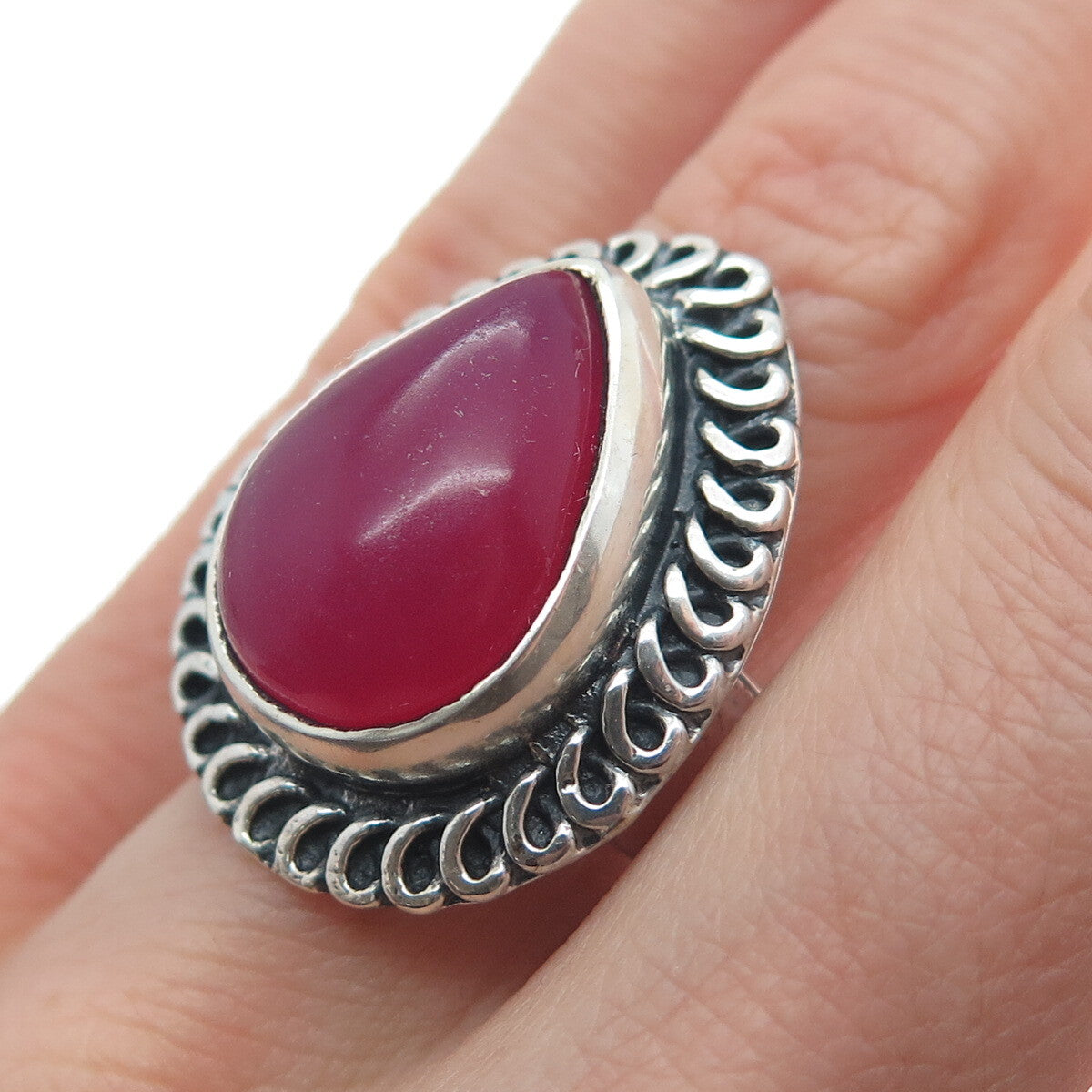 925 Sterling Silver Vintage Real Pear-Cut Rhodonite Oxidized Ring Size 8.75