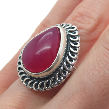 925 Sterling Silver Vintage Real Pear-Cut Rhodonite Oxidized Ring Size 8.75