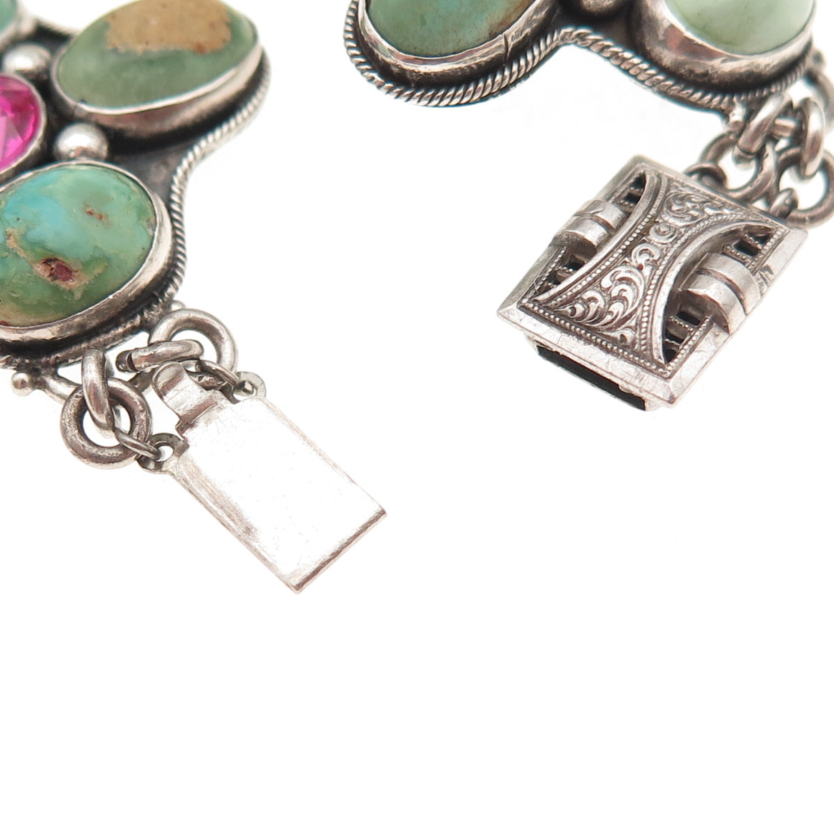925 Sterling Antique Real Turquoise & Lab-Created Multi-Sapphire Bracelet 6.75"