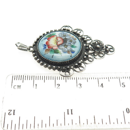 800 Silver Antique Art Deco Colorful Glass Flower Oxidized Pendant