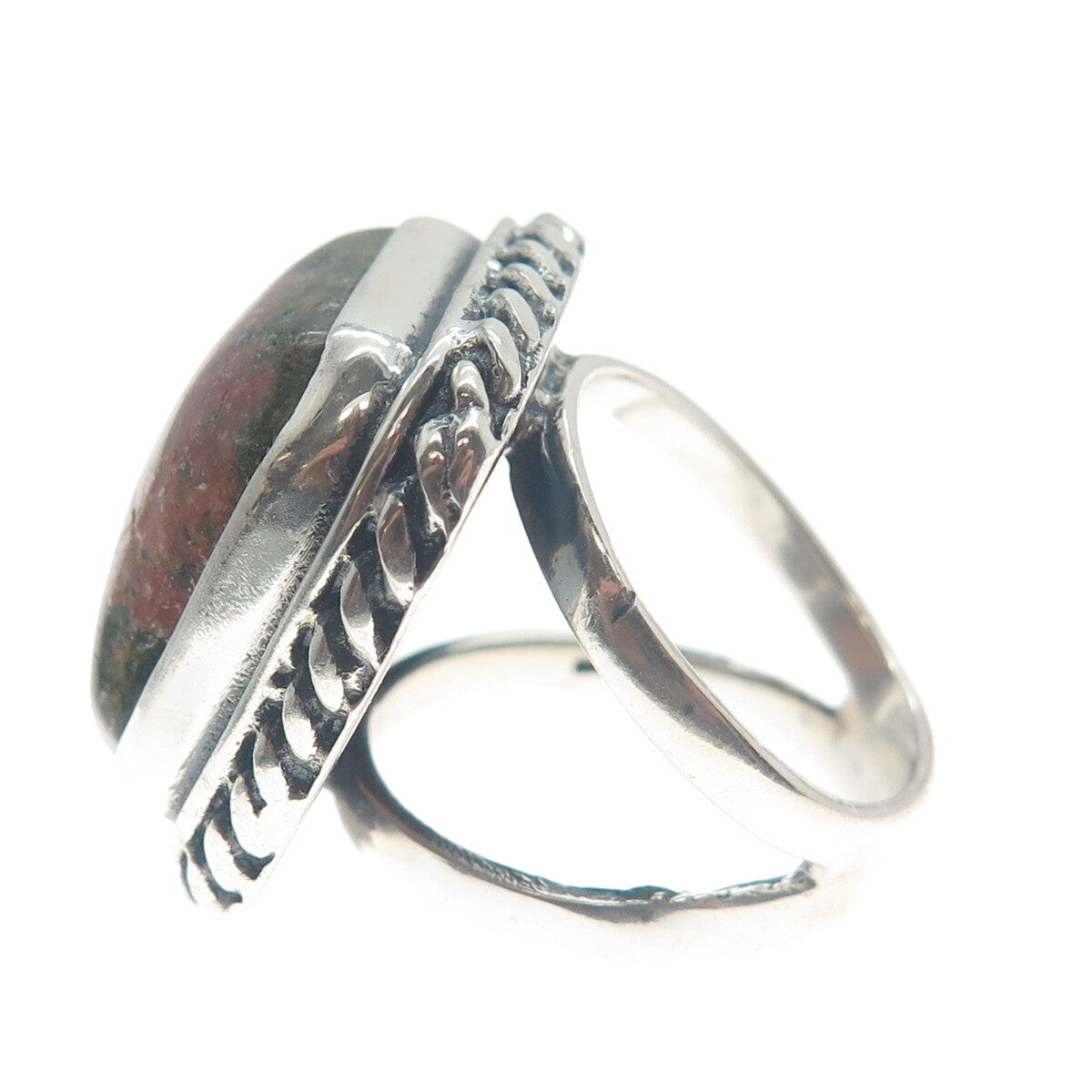 925 Sterling Silver Vintage Real Cushion-Cut Unakite Roped Bezel Ring Size 7.75