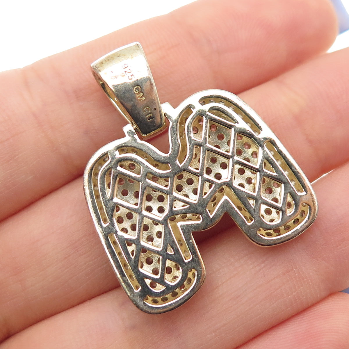 925 Sterling Silver Gold Plated Round-Cut C Z Letter M Initial Pendant