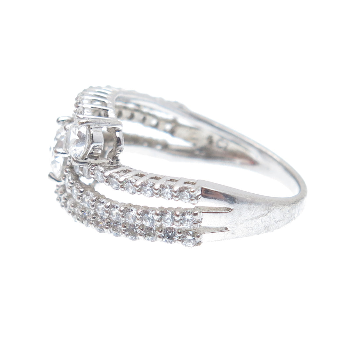 925 Sterling Silver Round-Cut C Z 3-Row Wavy Ring Size 7.25