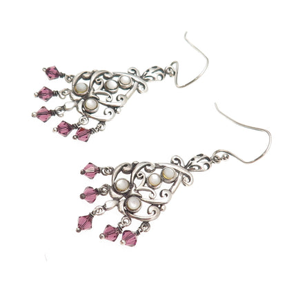 925 Sterling Silver Vintage Real MOP & Amethyst Chandelier Dangle Earrings