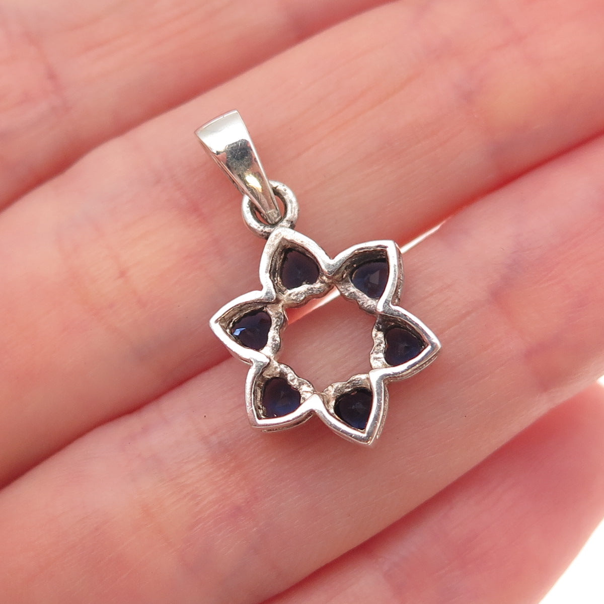925 Sterling Silver Heart-Cut Blue C Z Floral Charm Pendant