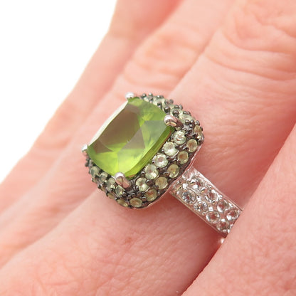 925 Sterling Silver Real Cushion & Round-Cut Peridot White Topaz Ring Size 7.25