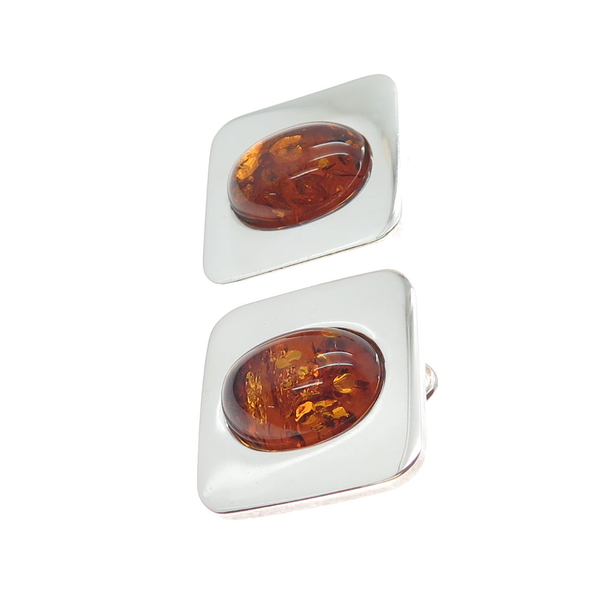 925 Sterling Silver Vintage Real Amber Modernist Omega Back Earrings