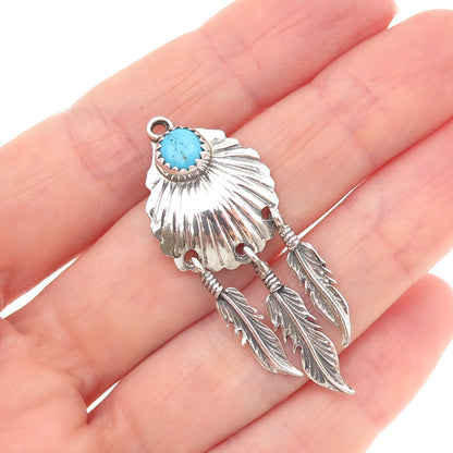 Old Pawn 925 Sterling Silver Vintage Turquoise Snake Eye Feather Tribal Pendant