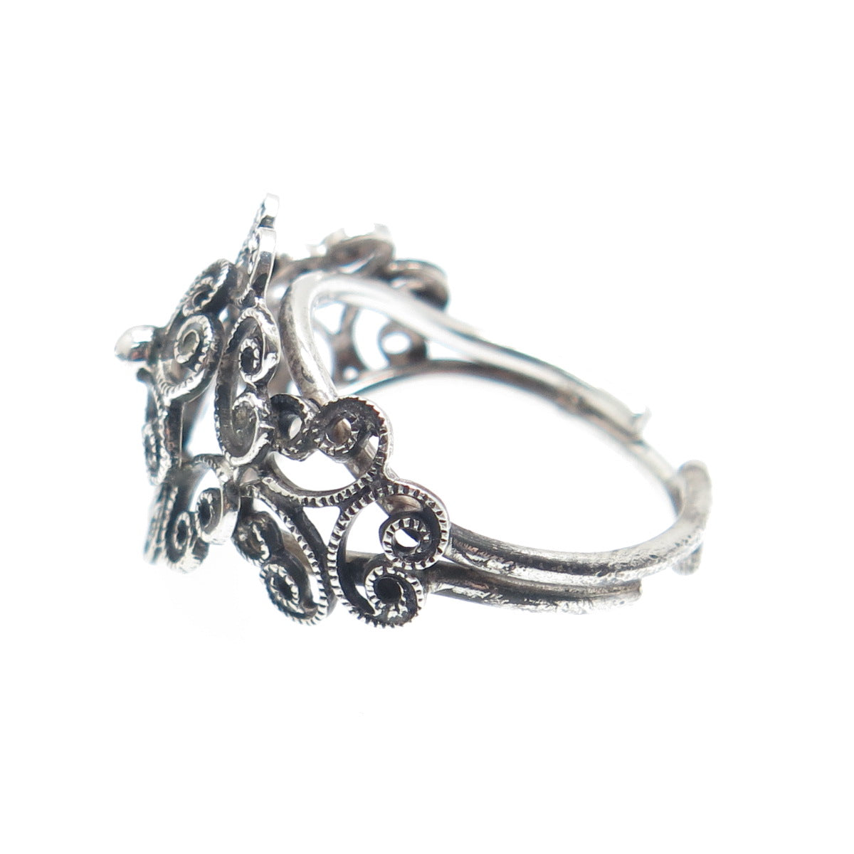 BEAU 925 Sterling Silver Vintage Filigree Flower Adjustable Ring Size 6.75