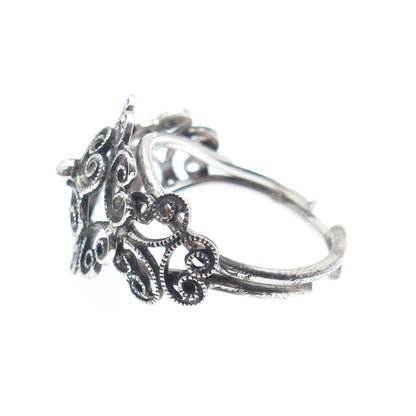 BEAU 925 Sterling Silver Vintage Filigree Flower Adjustable Ring Size 6.75