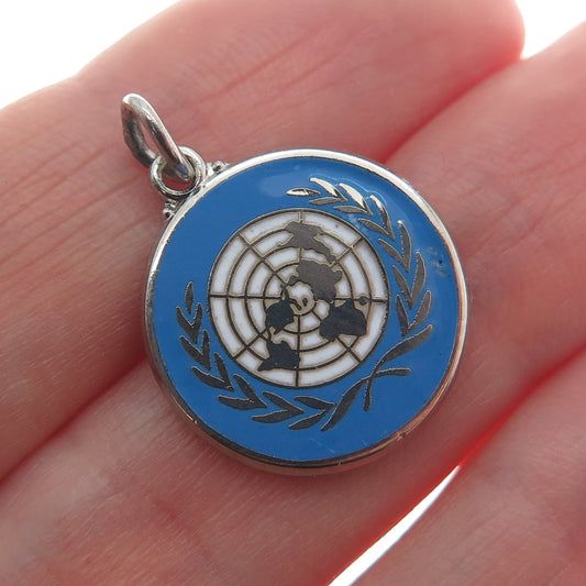 925 Sterling Silver Vintage Enamel United Nations Minimalist Charm Pendant
