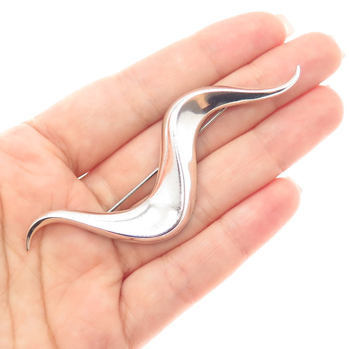 925 Sterling Silver Vintage Modernist Wavy Oxidized Pin Brooch