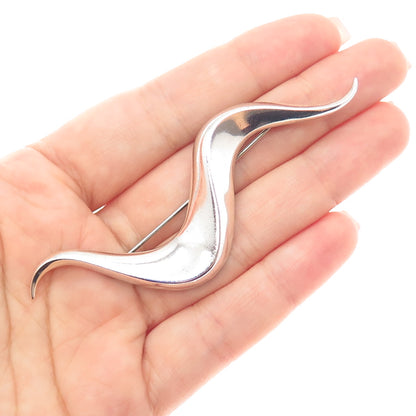925 Sterling Silver Vintage Modernist Wavy Oxidized Pin Brooch