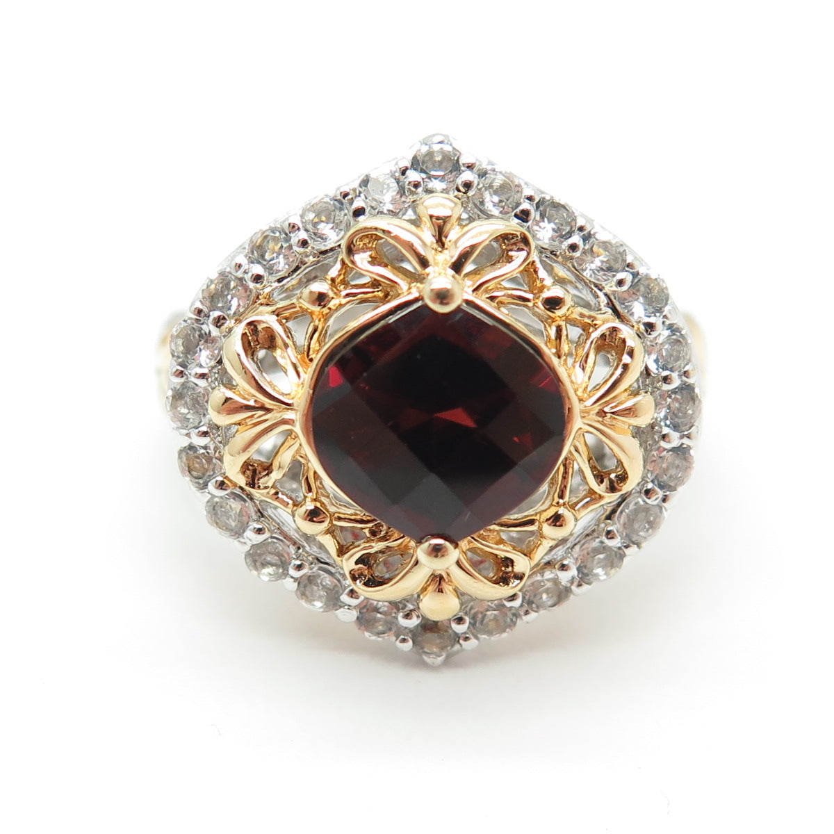 925 Sterling Silver 2-Tone Real Red Garnet & White Topaz Gemstone Ring Size 10