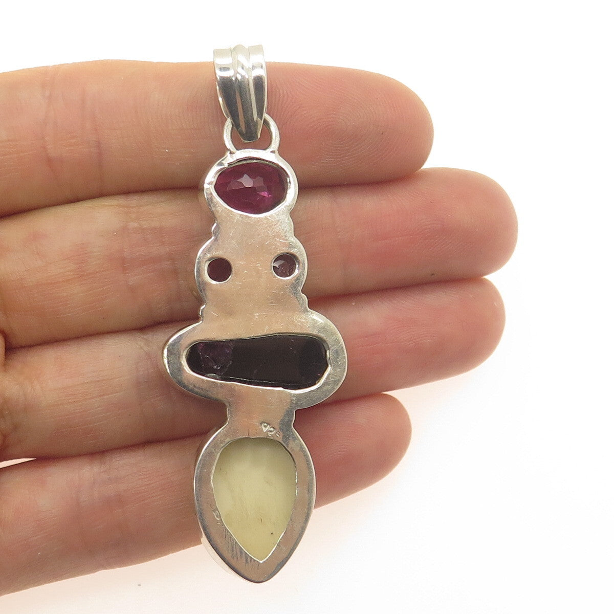 925 Sterling Silver Vintage Real Pink Amethyst Tourmaline & MOP Goddess Pendant
