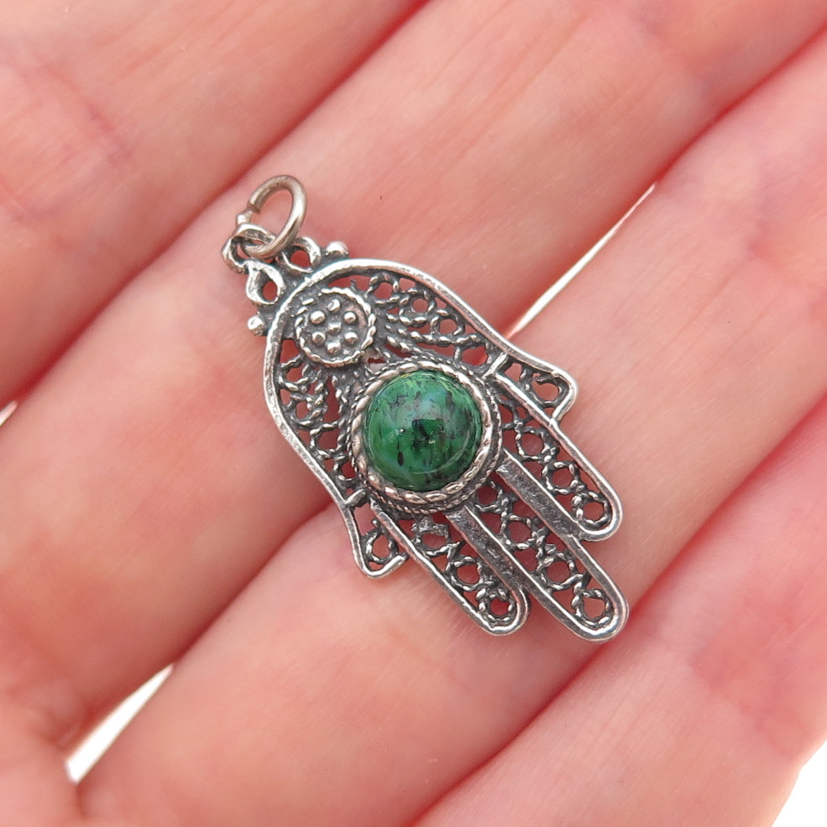 925 Sterling Silver Vintage Real Eilat Hamsa Amulet Oxidized Charm Pendant