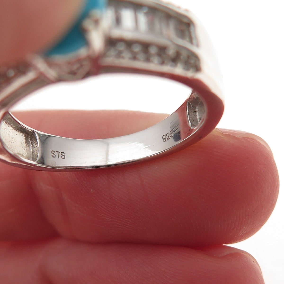 Chuck Clemency 925 Sterling Silver Real Turquoise & White Topaz Ring Size 8.25