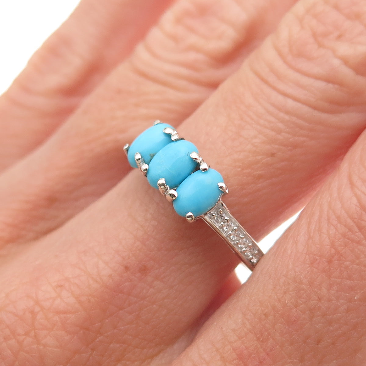 Chuck Clemency 925 Sterling Silver Real Turquoise & White Topaz Ring Size 8.25