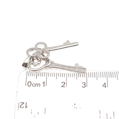 925 Sterling Silver Real Round-Cut Diamond Heart & Club Key Charm Pendant