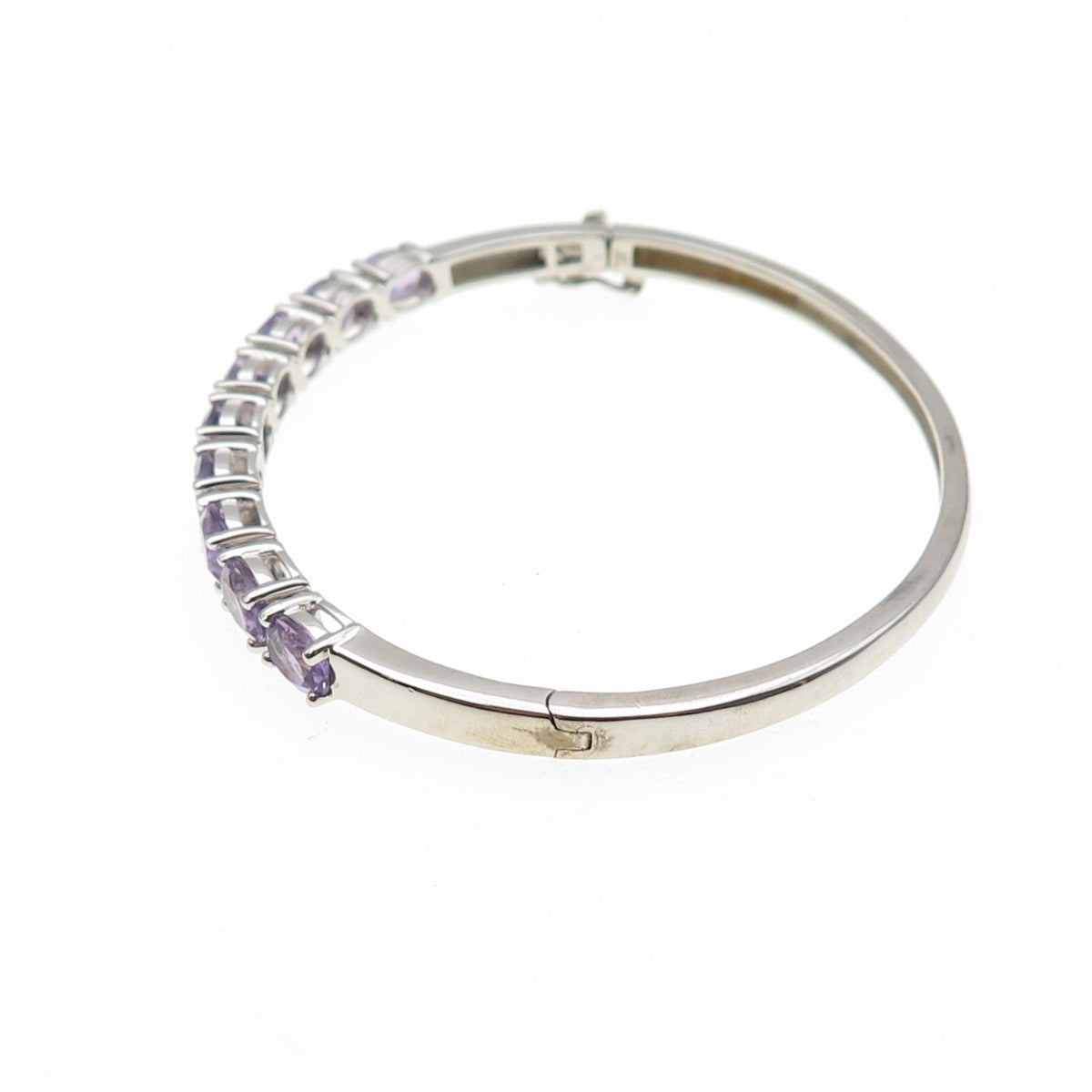 925 Sterling Silver Real Oval-Cut Amethyst Bangle Bracelet 6.75"