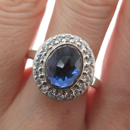 925 Sterling Silver Real Doublet Iolite & Round-Cut C Z Ring Size 8.25