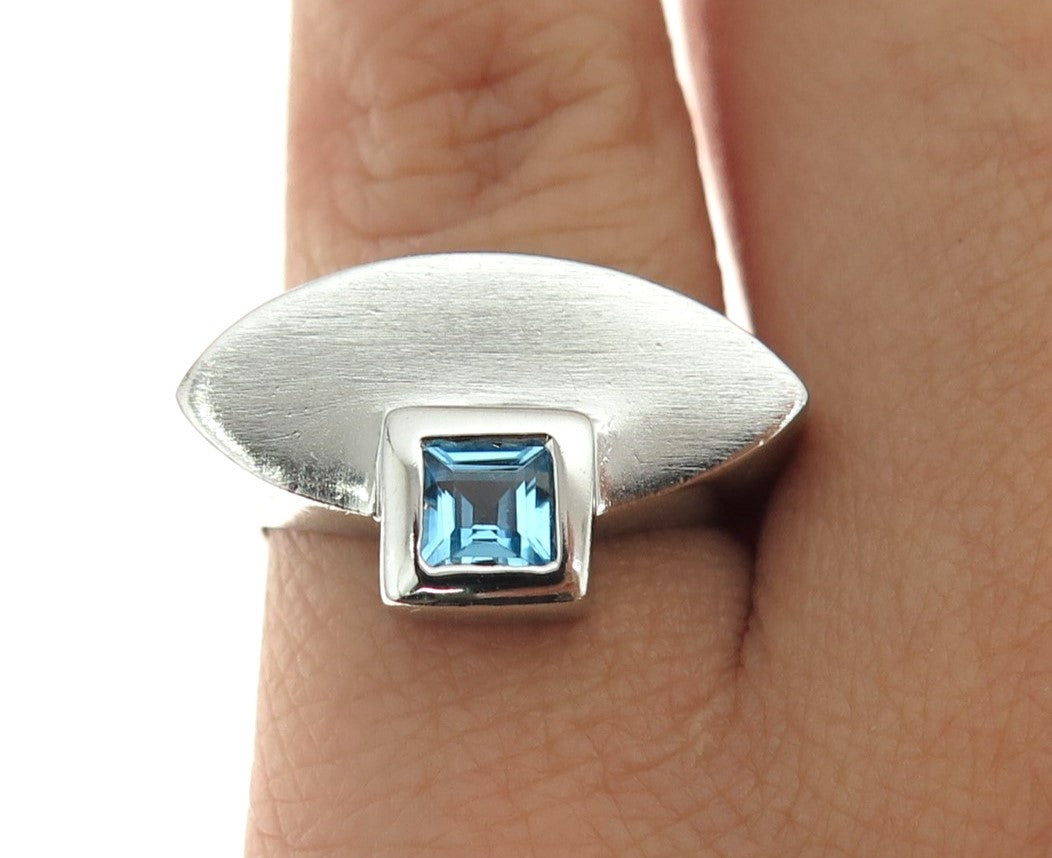 925 Sterling Silver Real Blue Topaz Gemstone Modernist Ring Size 6.5