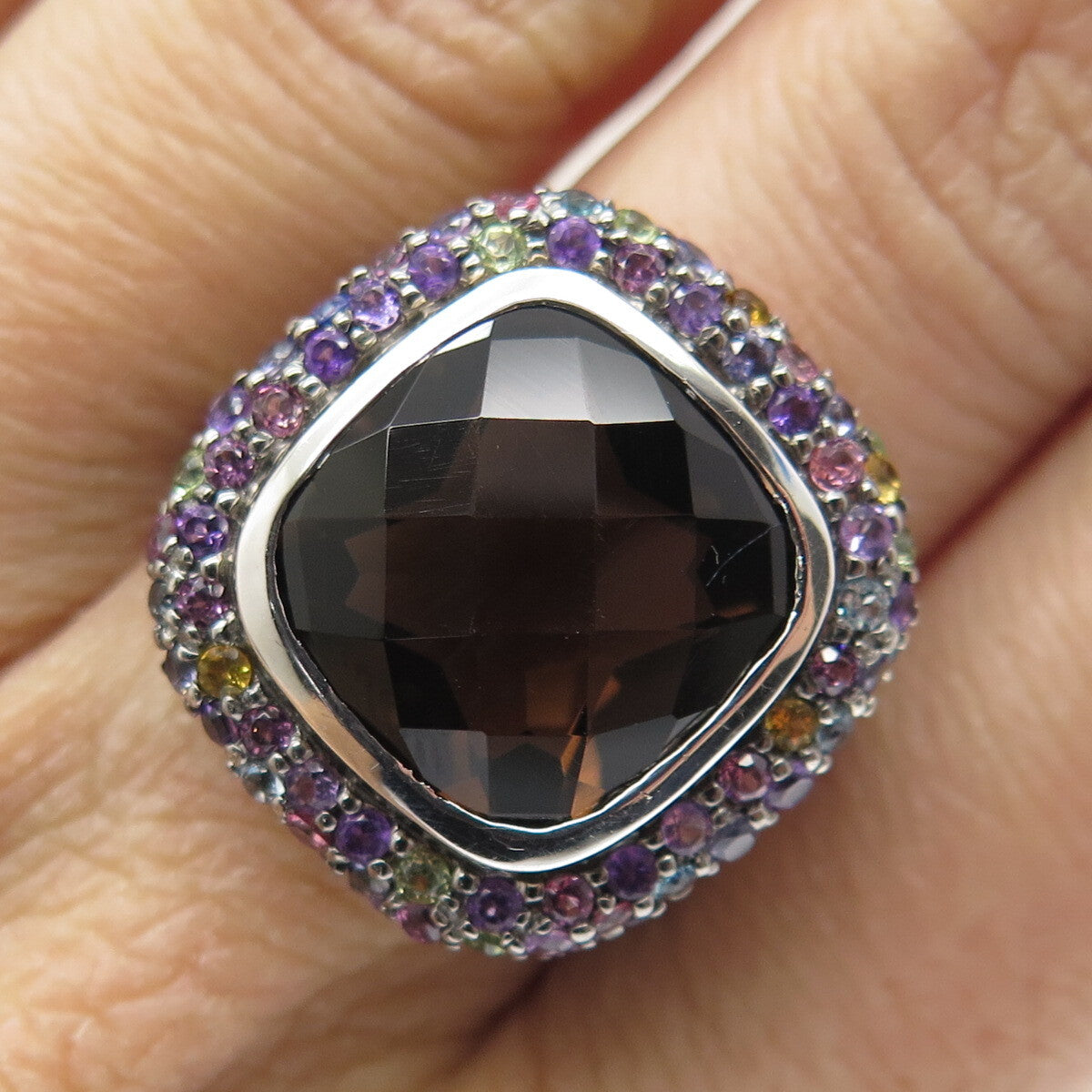 DSMK 925 Sterling Silver Real Multi-Color Gemstone Cushion Ring Size 7.25
