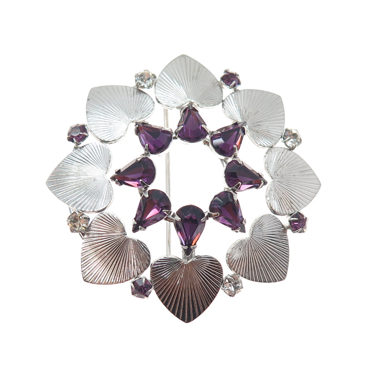 CARL ART 925 Sterling Silver Vintage Purple Rhinestone Heart Flower Pin Brooch