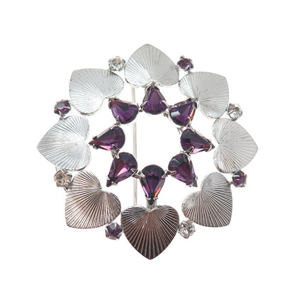 CARL ART 925 Sterling Silver Vintage Purple Rhinestone Heart Flower Pin Brooch