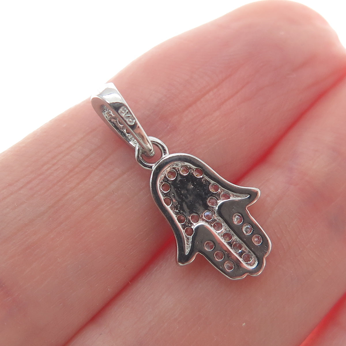 925 Sterling Silver Round-Cut Shaped C Z & Enamel Evil Eye Hamsa Amulet Pendant